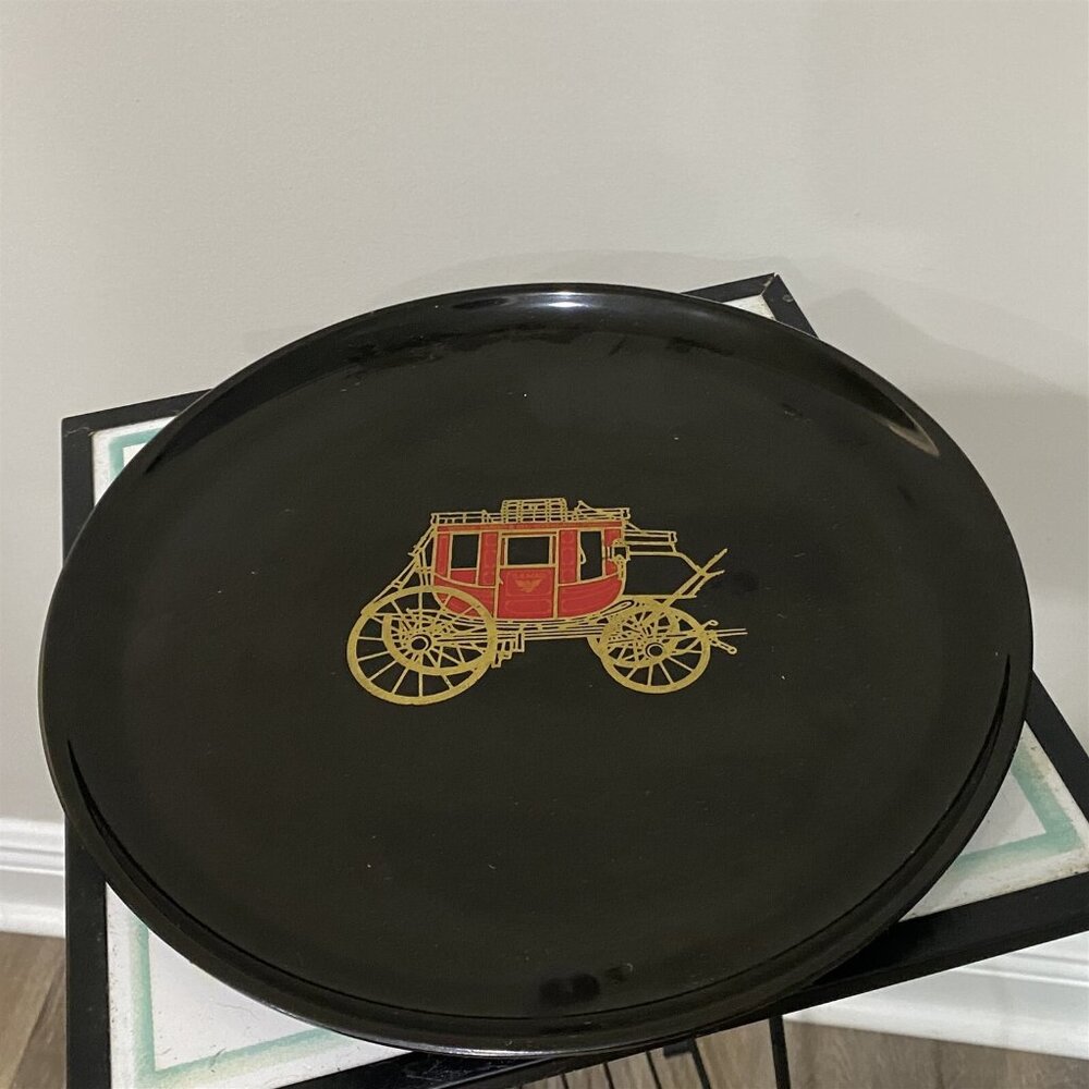 COUROC WELLS FARGO STAGECOACH TRAY PLATE VINTAGE WOOD AND BRASS INLAY
